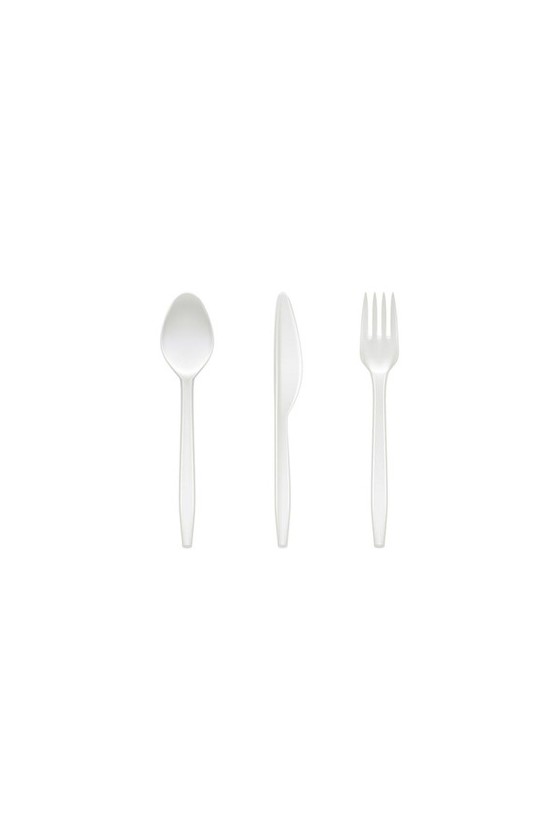 Set cubiertos - servilleta, tenedor, cuchillo y cuchara sopera blanco x UND